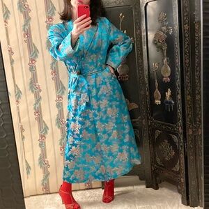 Vintage Blue Brocade Asian Robe, M. M. Comfort Wear, Made In Hong Kong